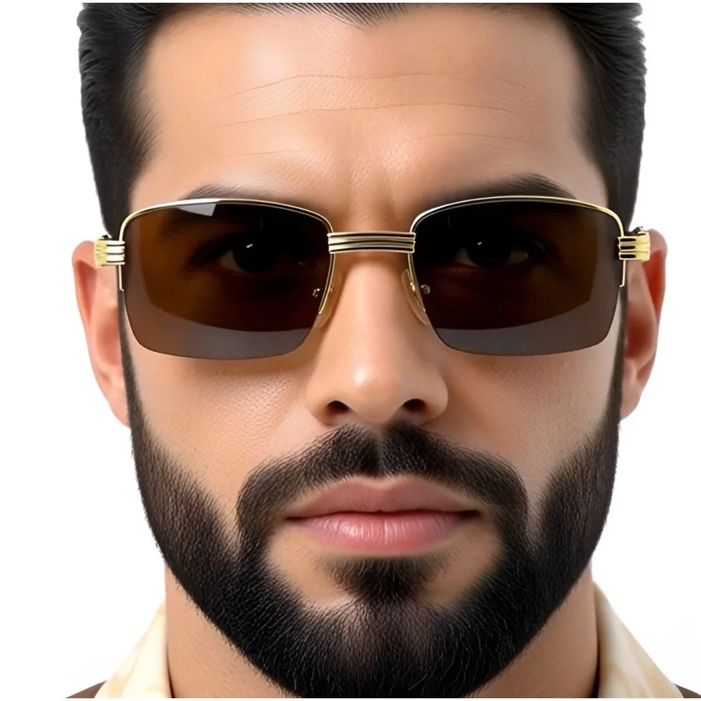 Gold Frame Sunglasses Brown Lens Rectangle Fashion Hip Hop Style Retro 80's 90's